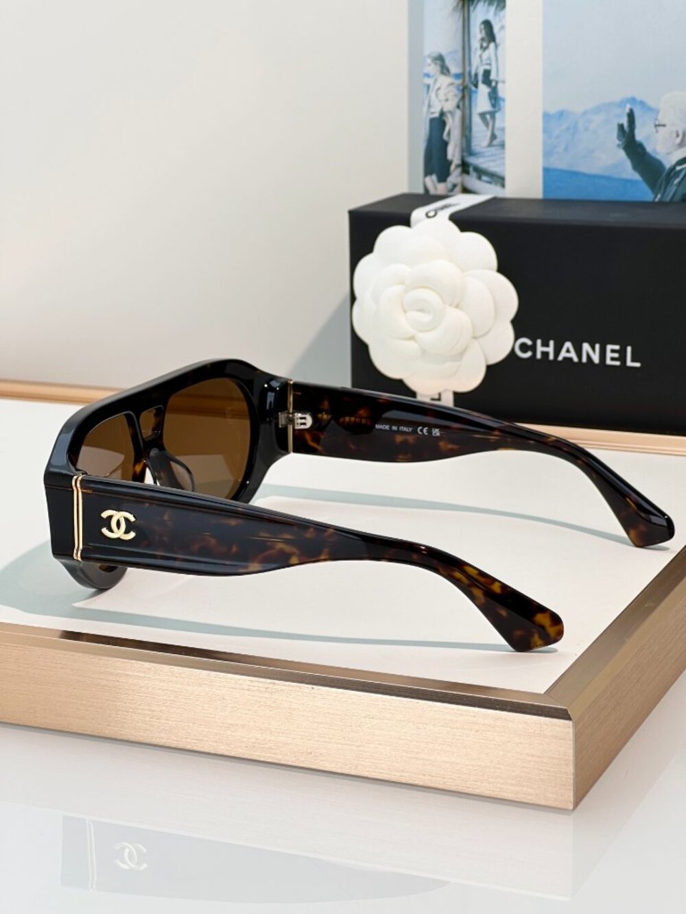 NWT CHANEL Tortoise Shell Shield Aviator Sunglasses Gold CC Logo - Picture 4 of 10